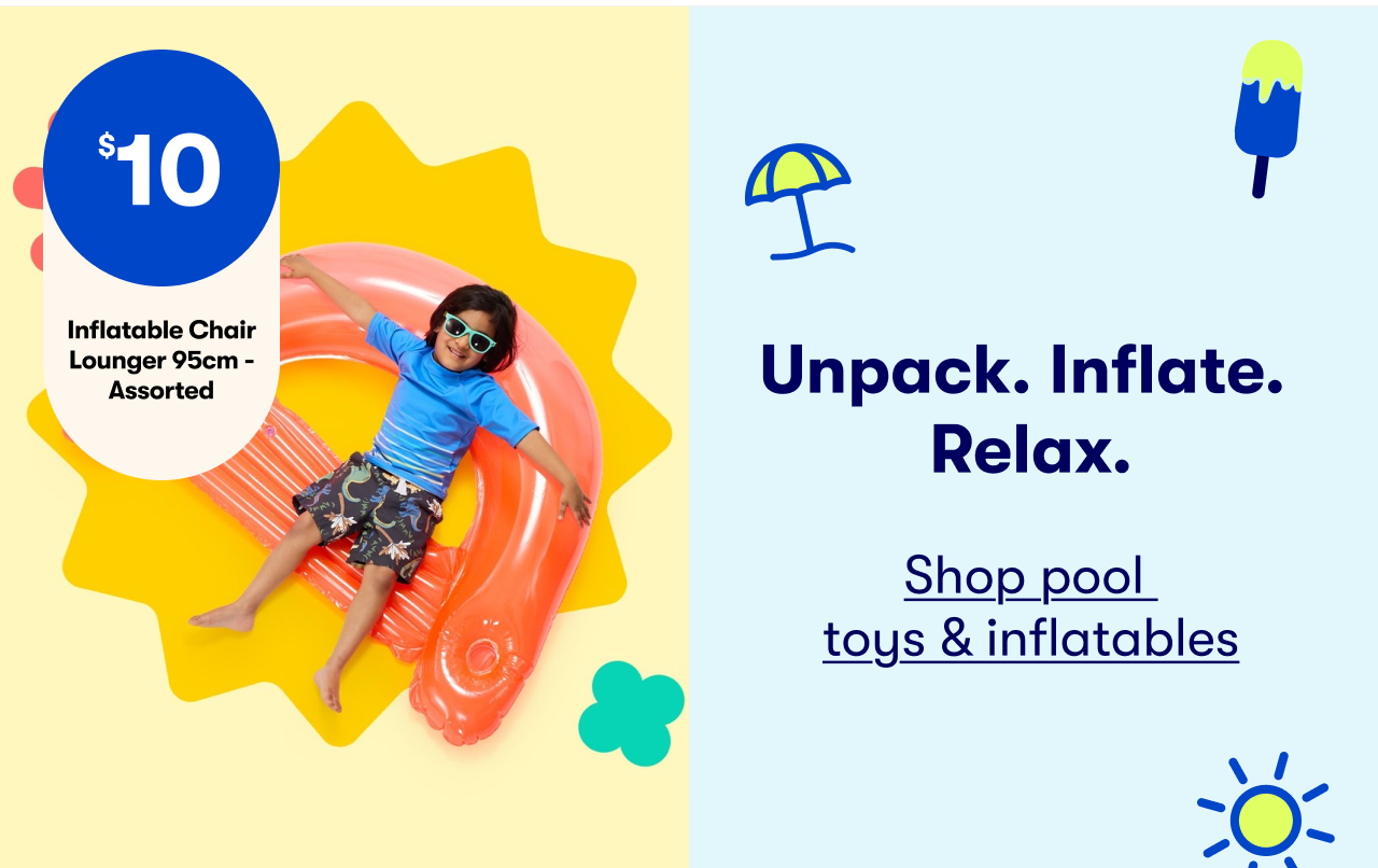 $10 Infatable Chair Lounger 95cm - Assorted | Unpack. Inflate. Relax - Shop pool toys and inflatables
