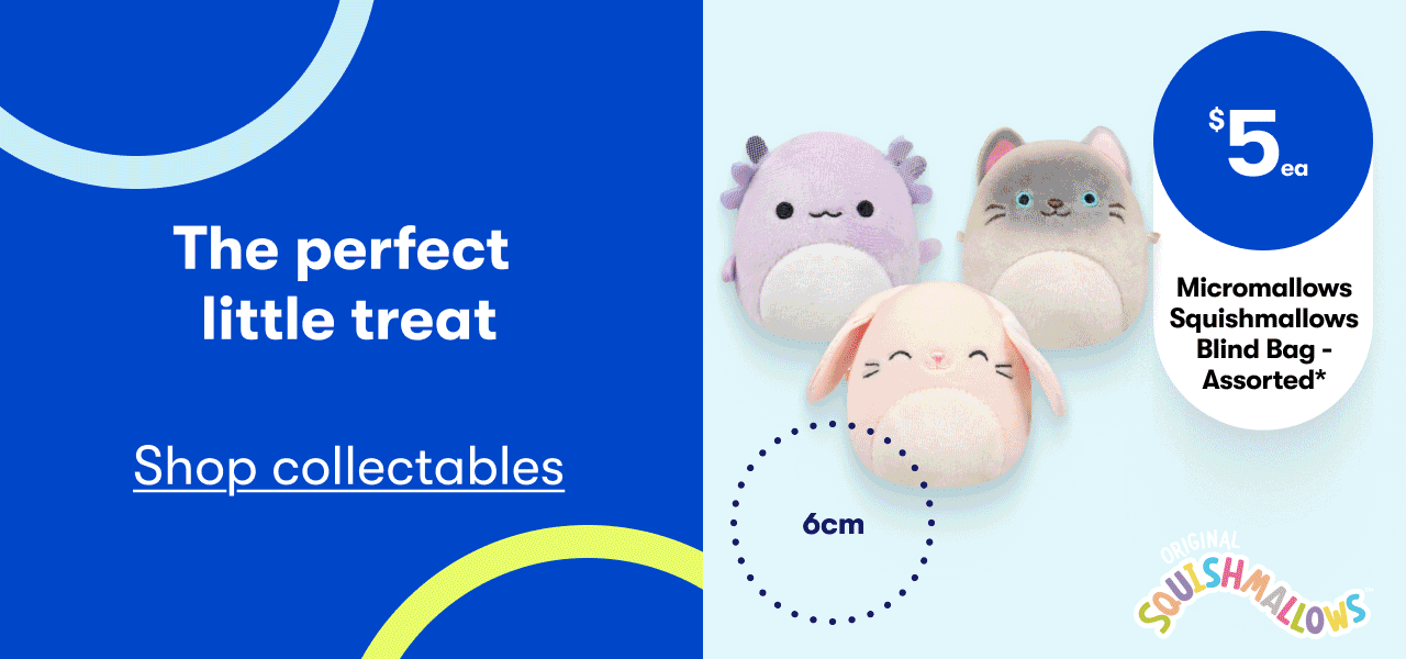 Shop collectables | $5ea Micromallows Squishmallows | $14 FIFA World Cup 2026 Ballers | $16ea Furby Furblets