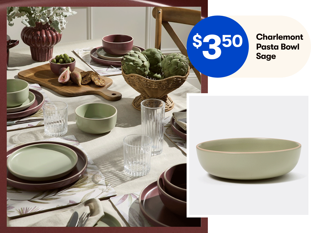 $3.50 Charlemont Pasta Bowl | $12 Scalloped Pedestal Bowl | $19 Cutlery Set 16 Piece | $18 Rectangle Bread Board