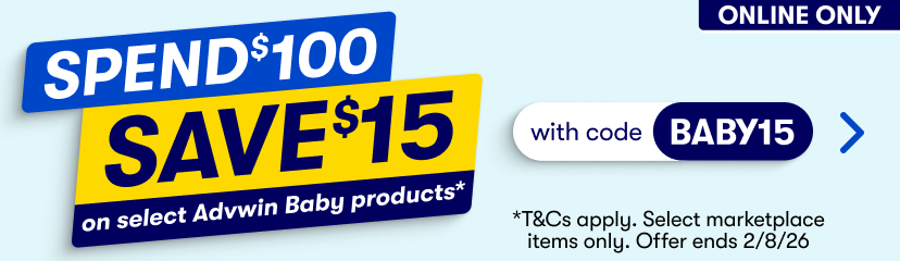 SPEND $100 SAVE $15 on selected Advwin Baby Products* with code BABY15 | T&Cs apply. Offer ends 2/8/26