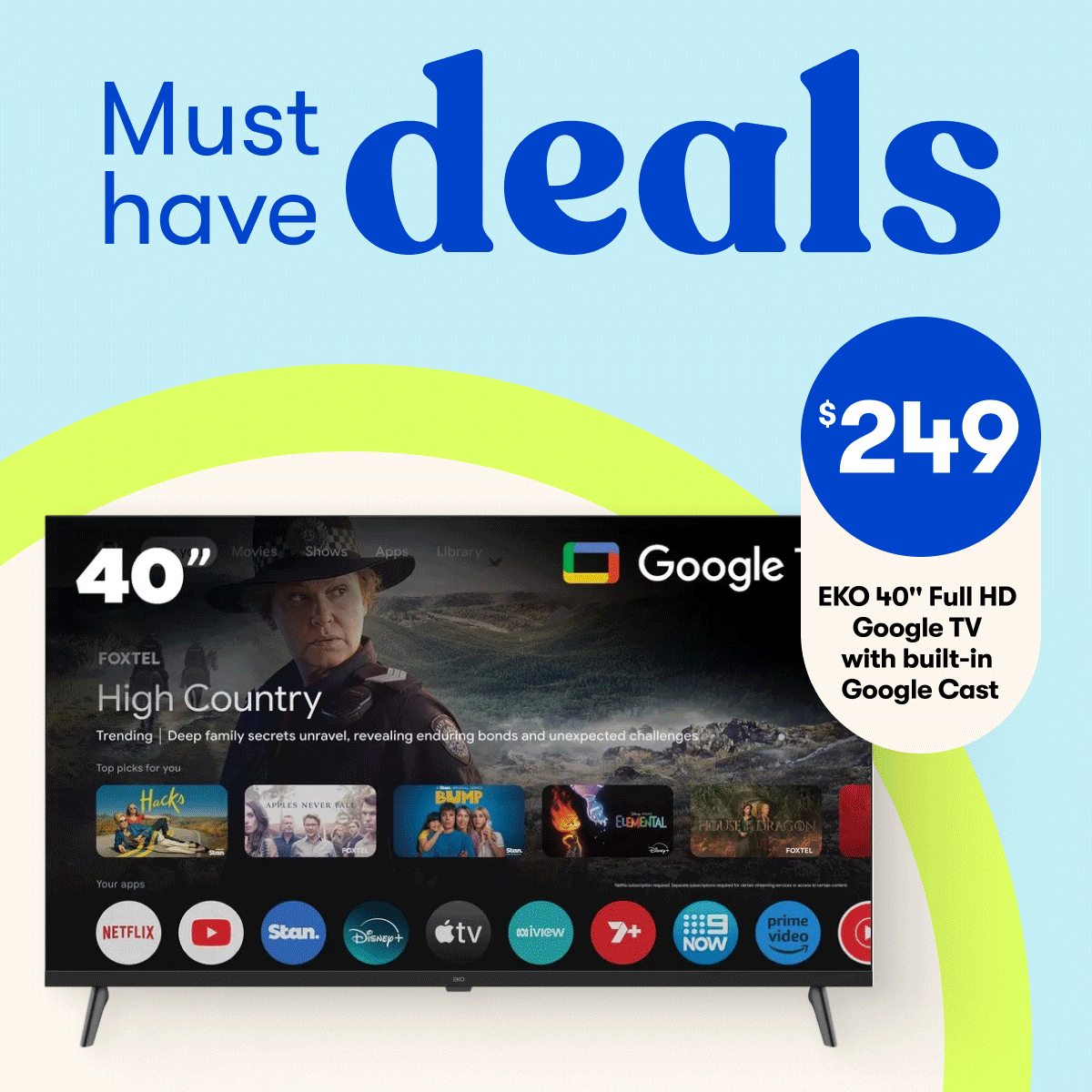 $249 Eko 40” Full HD TV with Google Cast | 40% OFF Selected Jason Bedding | $74 SAVE $15 LEGO Technic Chevrolet Corvette Stingray Blue | | 1/2 Price Tefal Ingenio Sets
