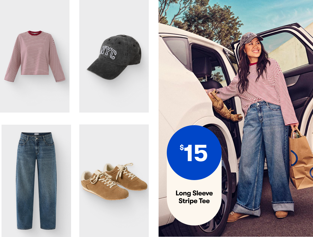Long Sleeve Stripe Tee $15 | NYC Cap $7 Wide Leg Jeans $30 | Mimi Sneakers $25pr