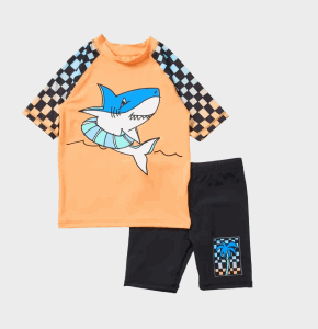 $20 Rashie Set | $12 Striped One Piece Suit | $20 Seashell Print 3-Piece Set