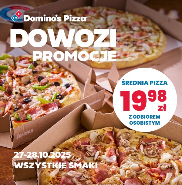 Domino's Pizza DOWOZI PROMOCJE: 19,98 zł wszystkie smaki z odbiorem osobistym, 27-28.10.2025