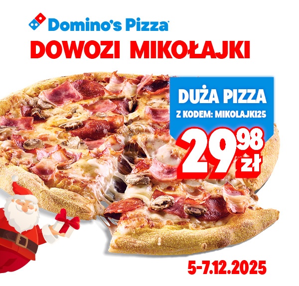 Domino's Pizza DOWOZI MIKOŁAJKI: Duża pizza za 29,98 zł, z kodem MIKOLAJKI25, 5-7.12.2025