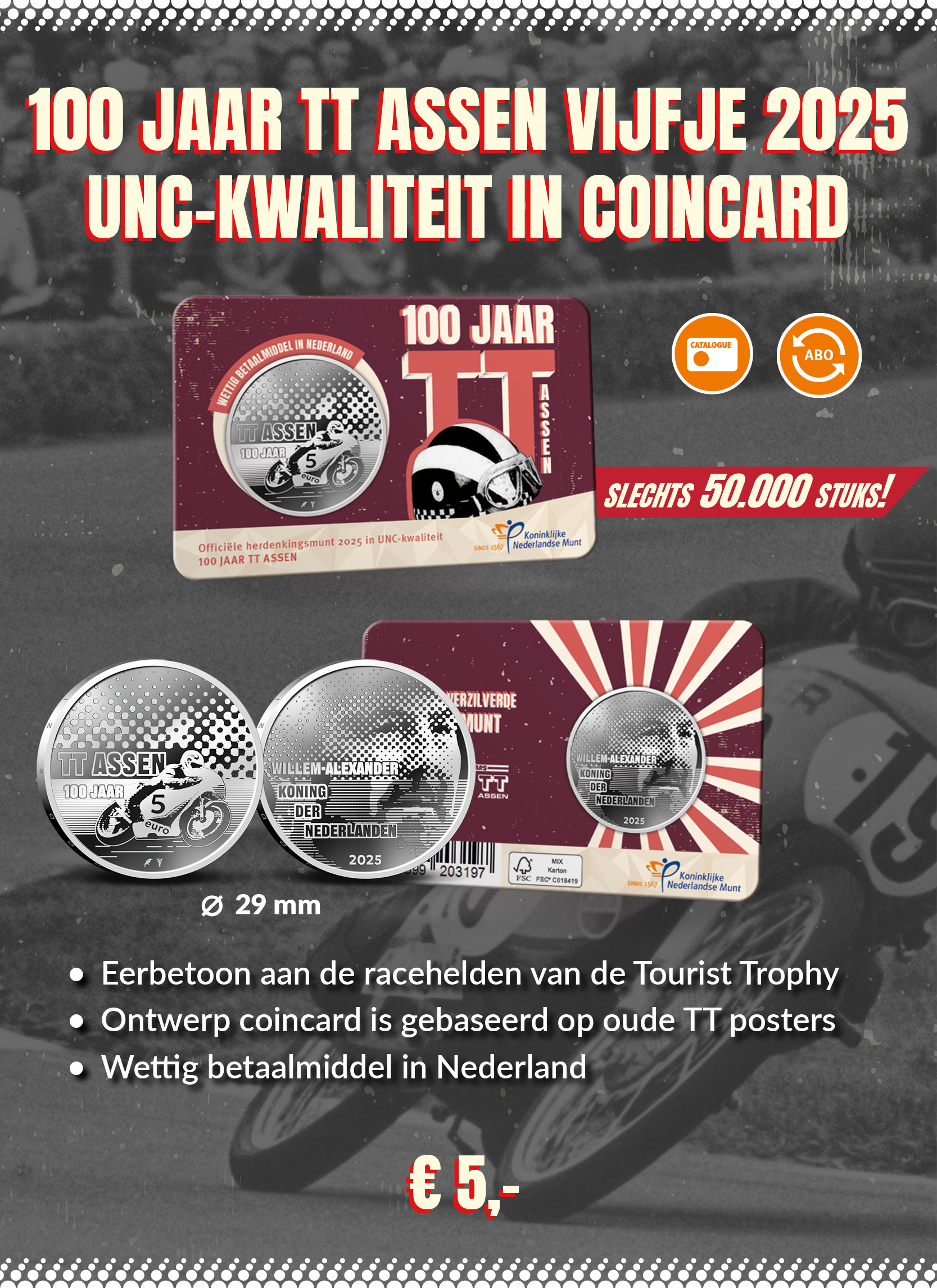 100 jaar TT Assen Vijfje 2025 UNC-kwaliteit in coincard
