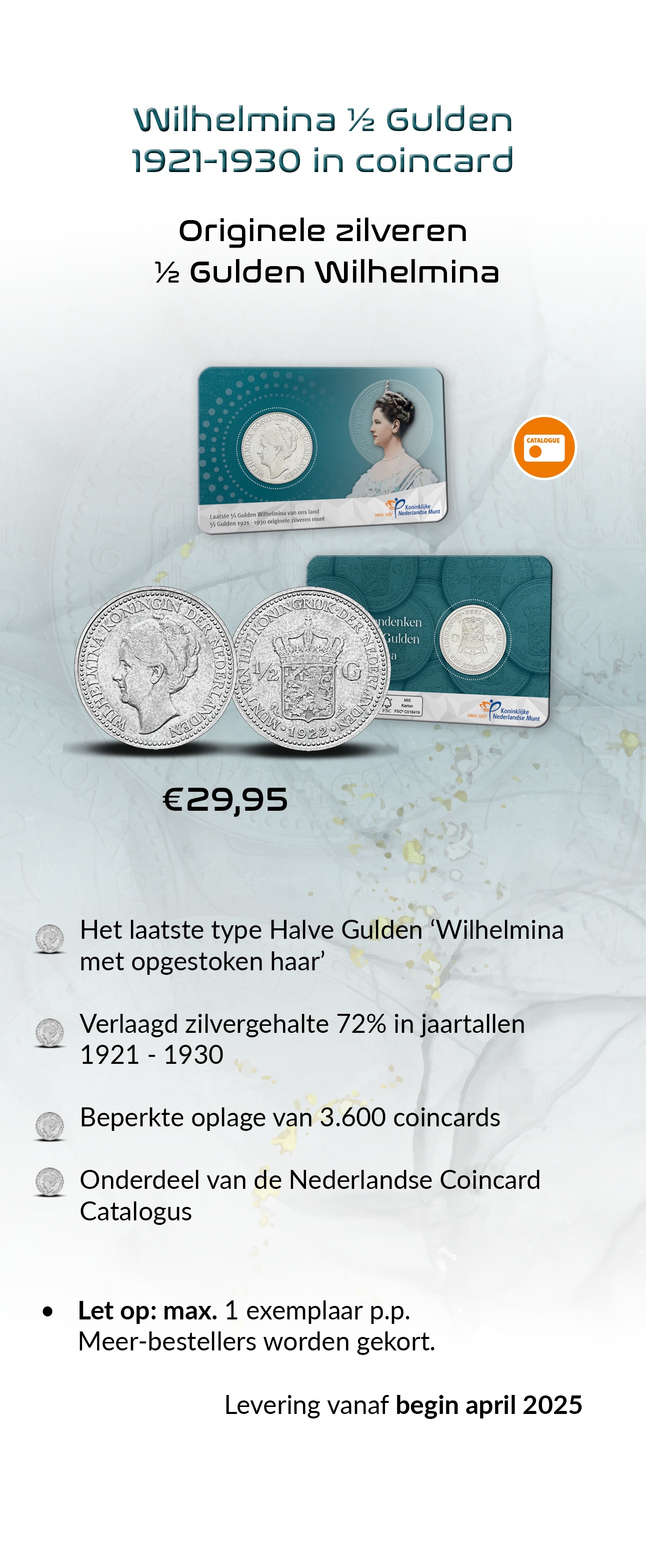 Wilhelmina ½ Gulden 1921-1930 in coincard