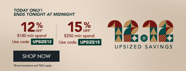 Get 12% off $180 min. spend with code UPSIZE12 Get 15% off $250 min. spend with code UPSIZE15