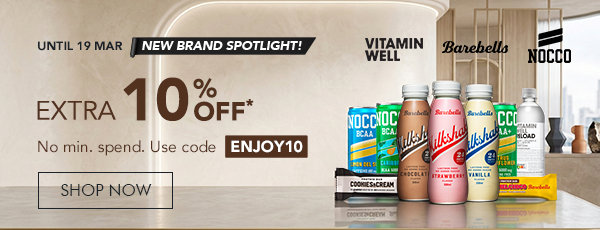 Extra 10% off brand spotlight of Nocco Barebells and Vitamins