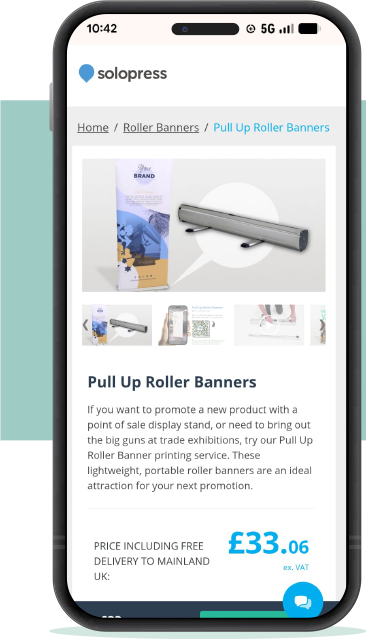 Pull Up Roller Banners product page on smartphone.