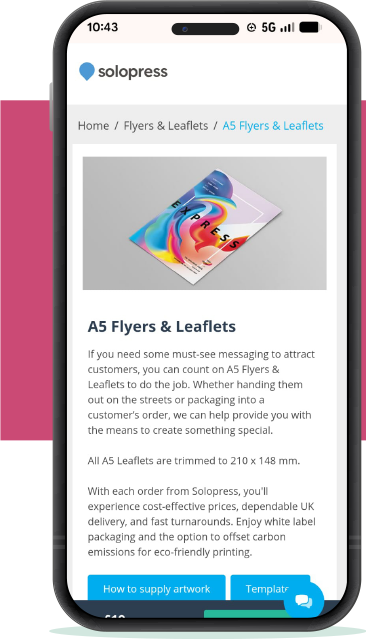 Mobile website showing A5 flyer advertisement.