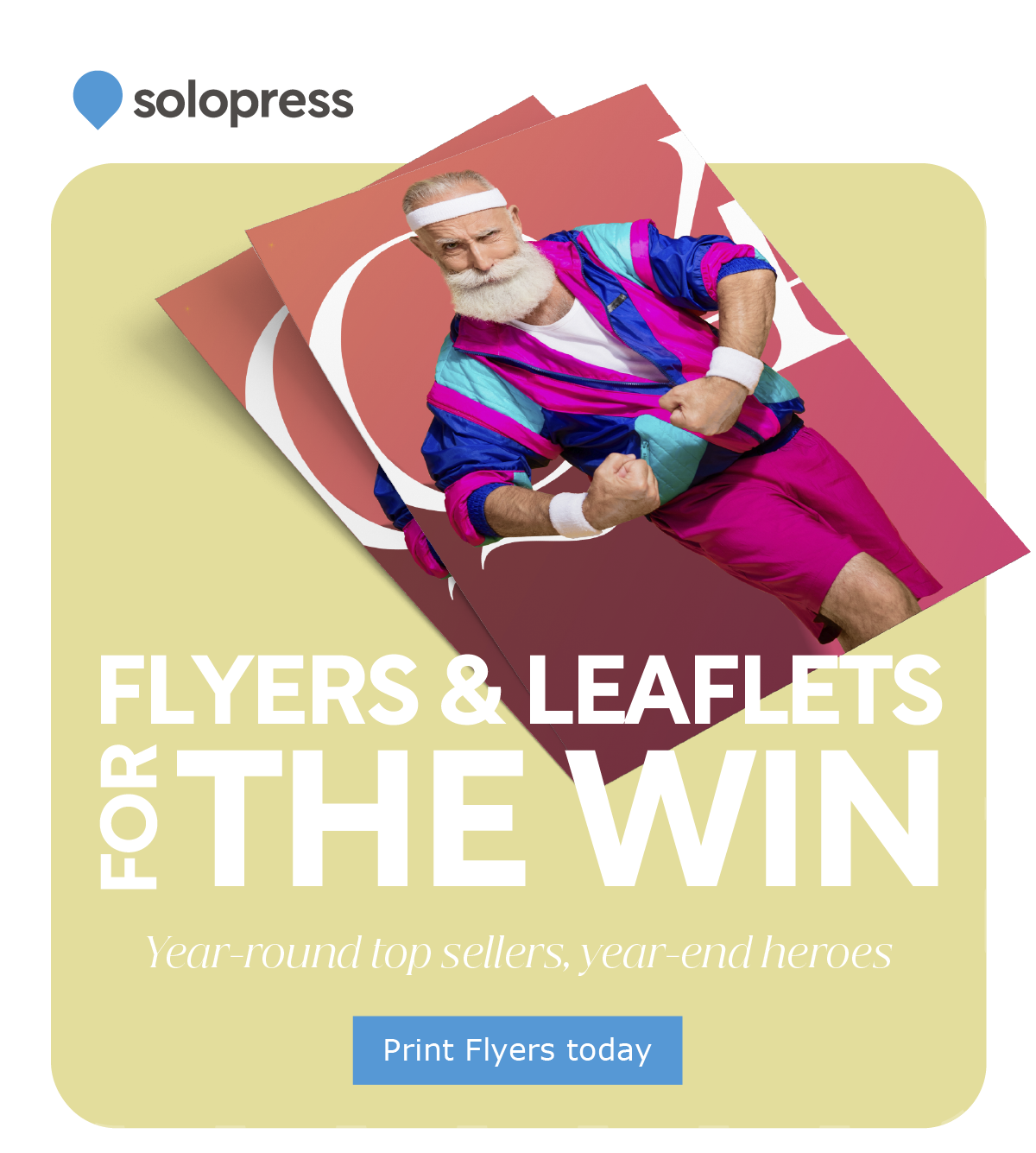 Colorful flyer stack with vibrant athlete image.