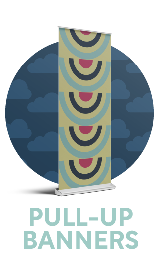 Pull-up banner with geometric semicircles.