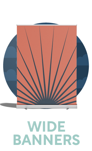 Orange banner with sunburst pattern, text 