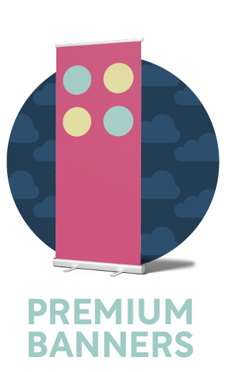 Pink banner with four pastel circles.