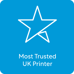 Award badge, star symbol, 'Most Trusted UK Printer'.