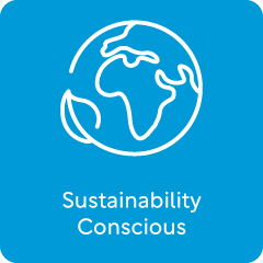 Outline of Earth with leaf, text: Sustainability Conscious