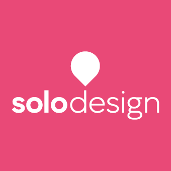 SoloDesign logo with map pin on pink background.