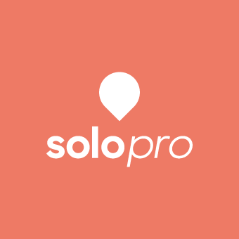 SoloPro logo with pin icon on coral background.