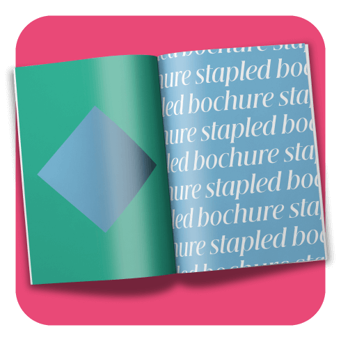 Open stapled brochure with text and design.