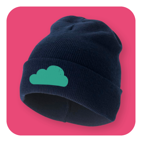 Black beanie with teal cloud design on pink background.