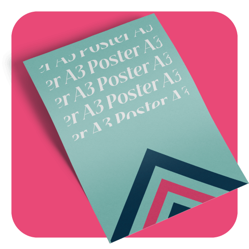 Teal poster with A3 text and geometric pattern.