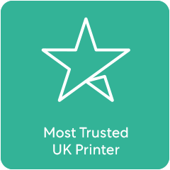 Award badge, star symbol, 'Most Trusted UK Printer'.