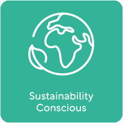 Outline of Earth with leaf, text: Sustainability Conscious