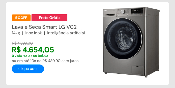 Lava e Seca Smart LG VC2 14kg Inox Look Com Inteligência Artificial AI DD CV9014PC2